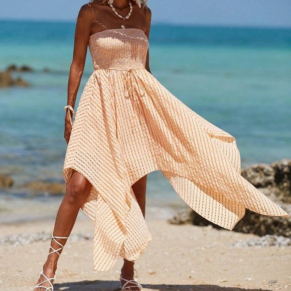 Coral Orange Womens Plaid Knot Front Asymmetrical Hem Tube Dress - Picture 3 of 5